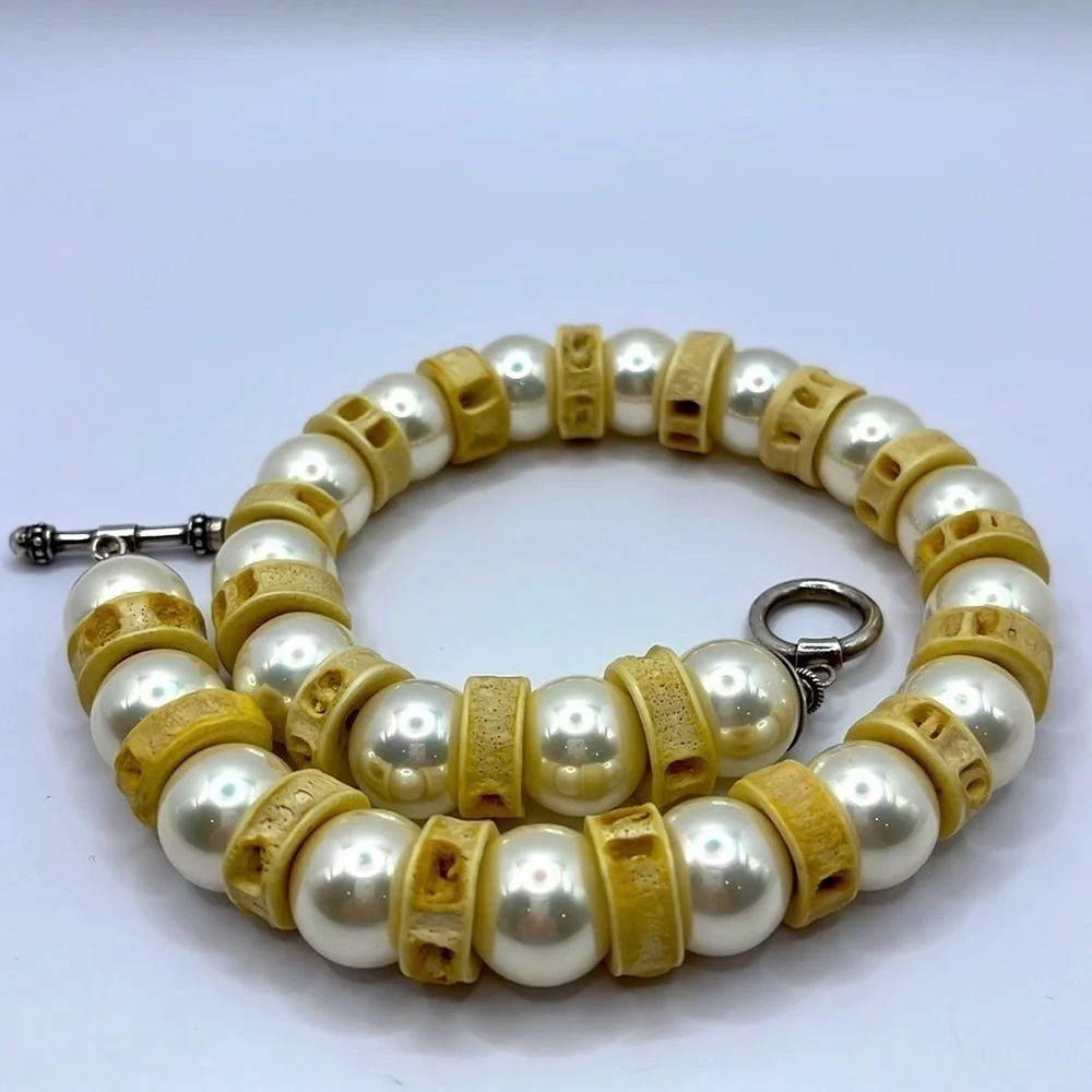 Sterling Silver Pearl and Bone Vintage unique choker necklace Toggle  Oversized